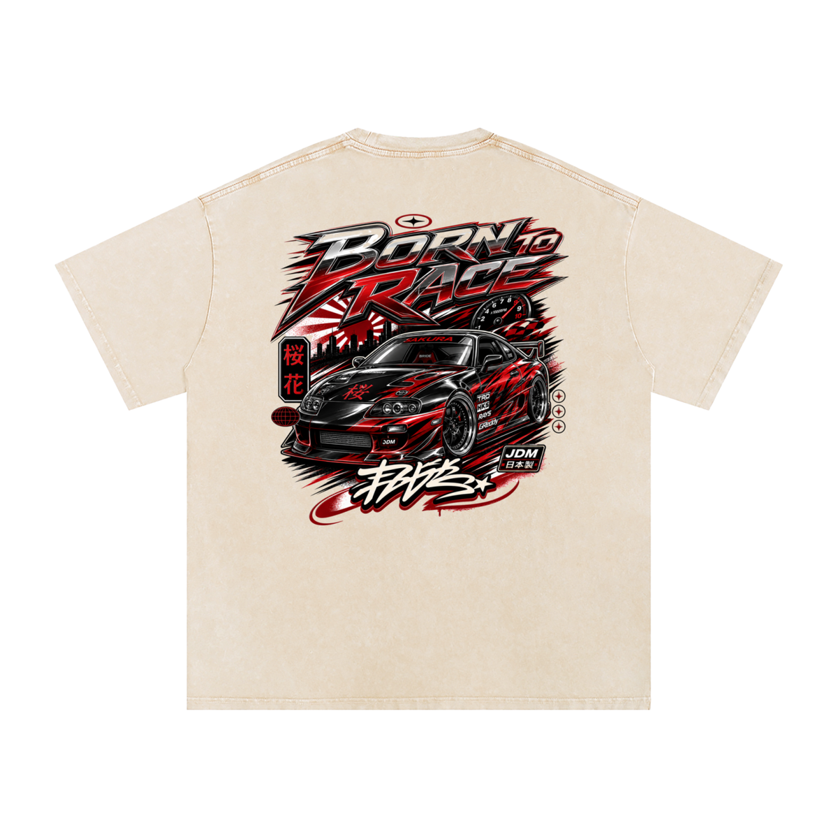UrbanStar Graphic Born To Race Art Snow Washed Oversized Cotton T-Shirt