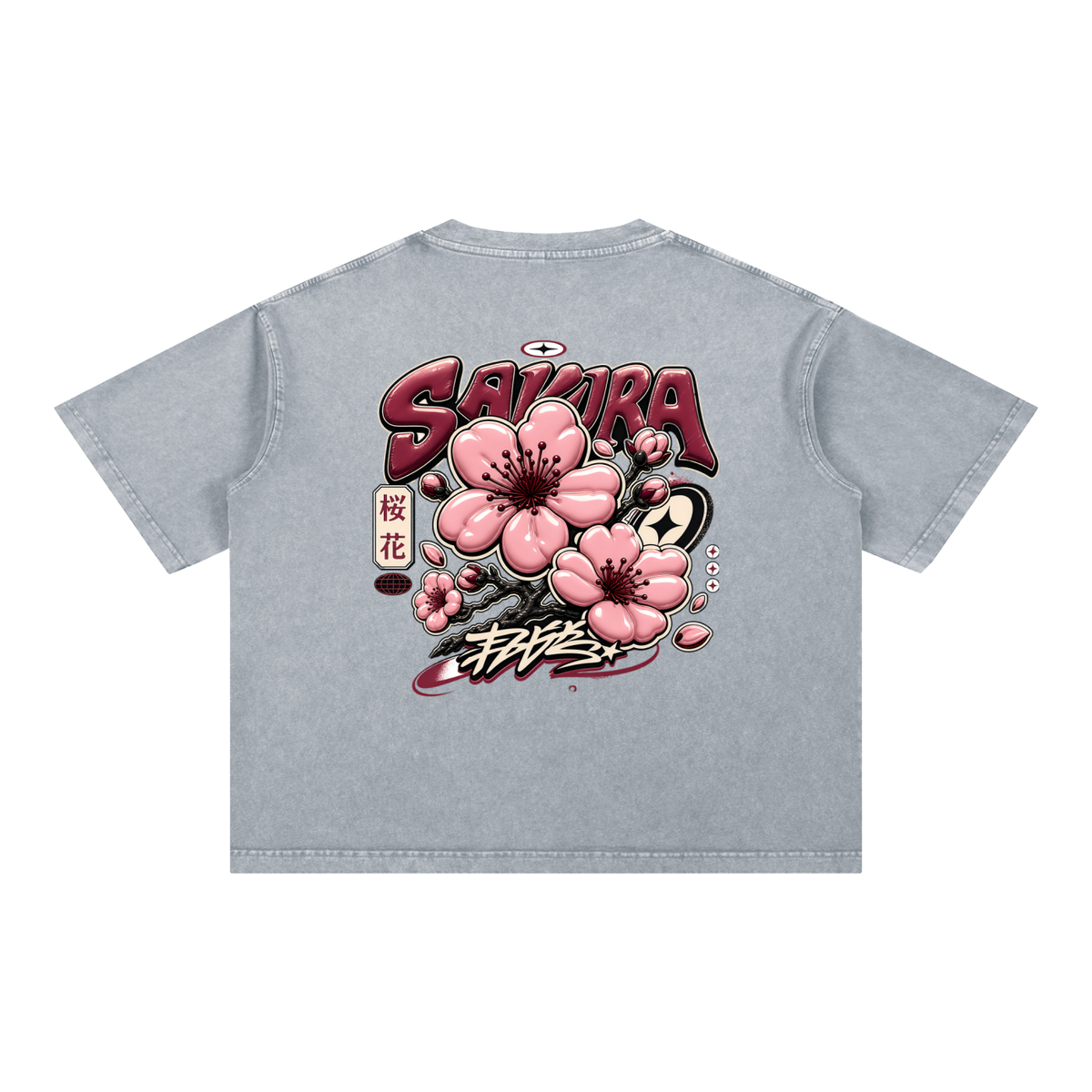 UrbanStar Midnight Sakura Mineral Wash Boxy Cotton T-Shirt