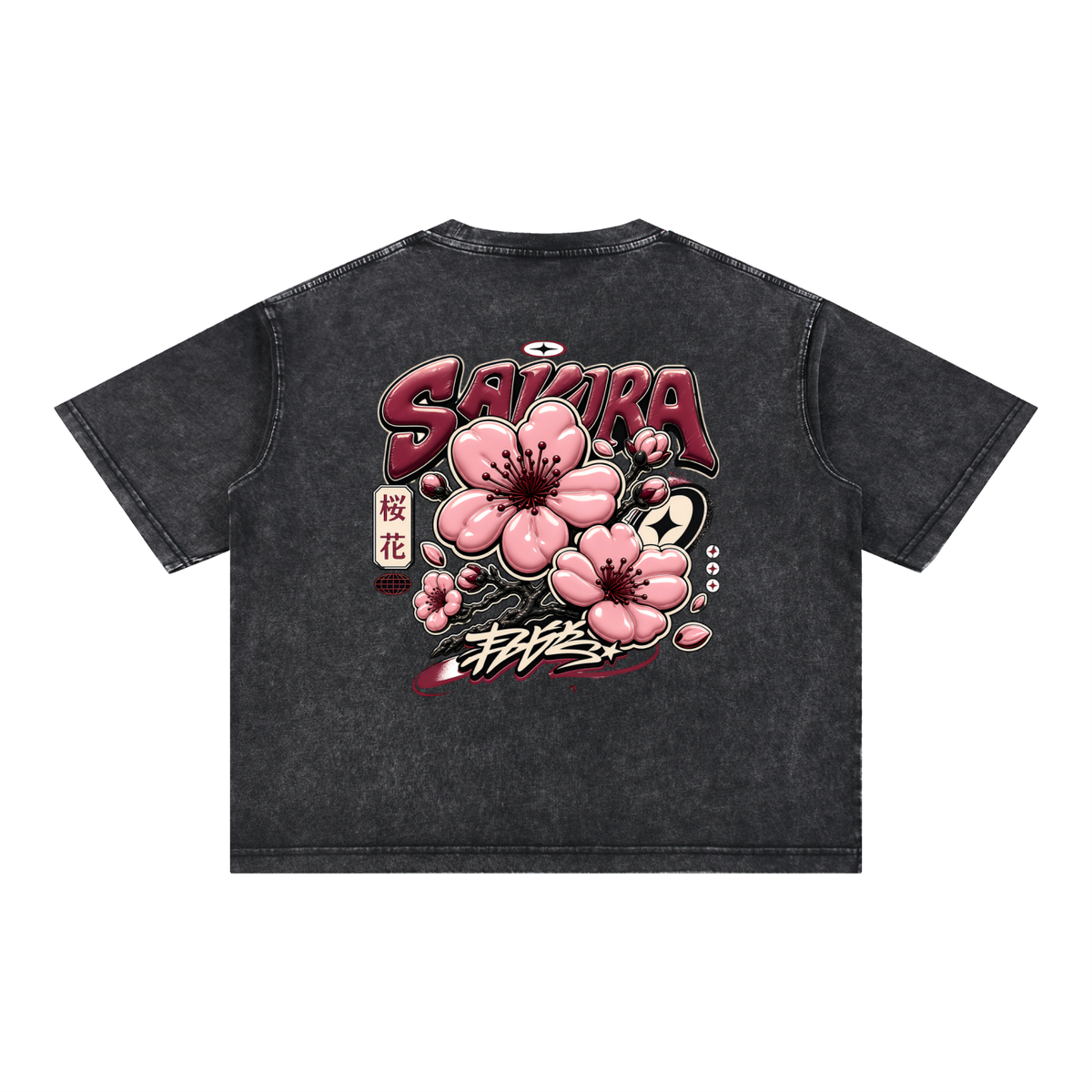 UrbanStar Midnight Sakura Mineral Wash Boxy Cotton T-Shirt