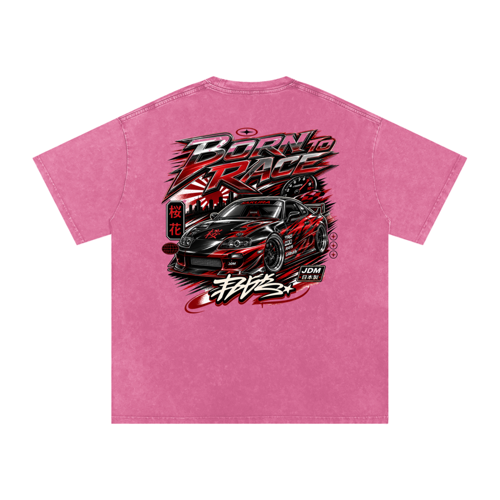 UrbanStar Graphic Born To Race Art Snow Washed Oversized Cotton T-Shirt