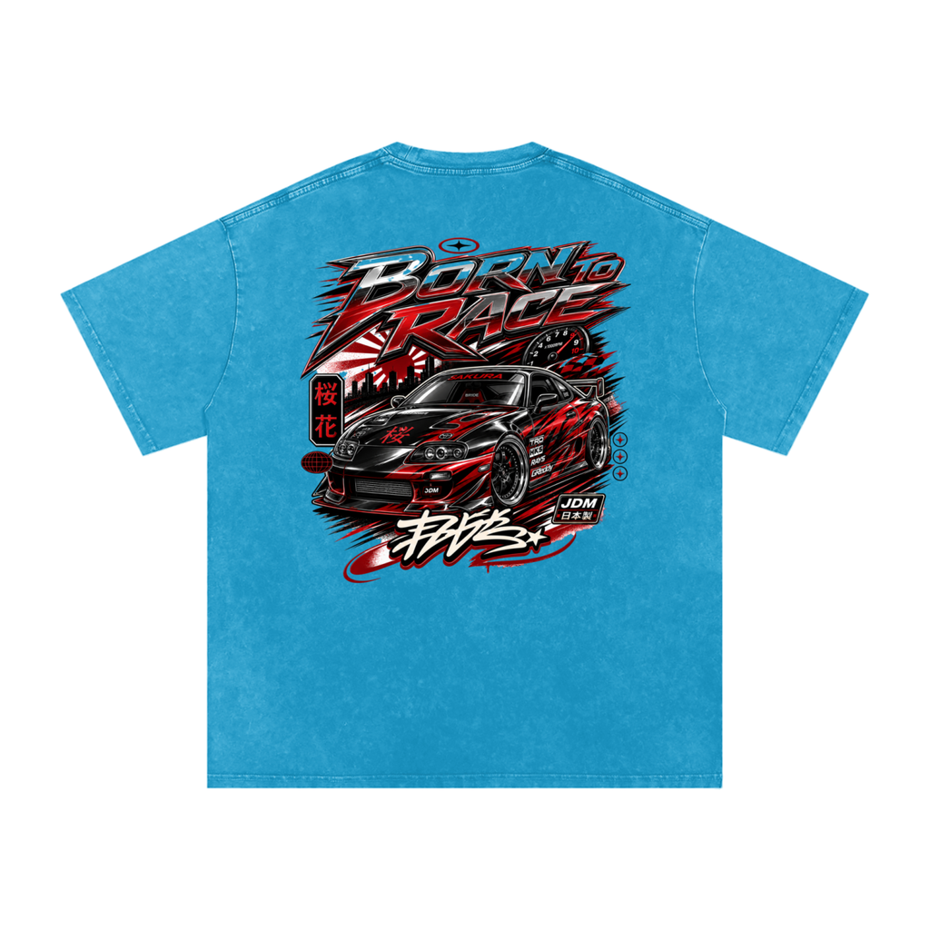 UrbanStar Graphic Born To Race Art Snow Washed Oversized Cotton T-Shirt
