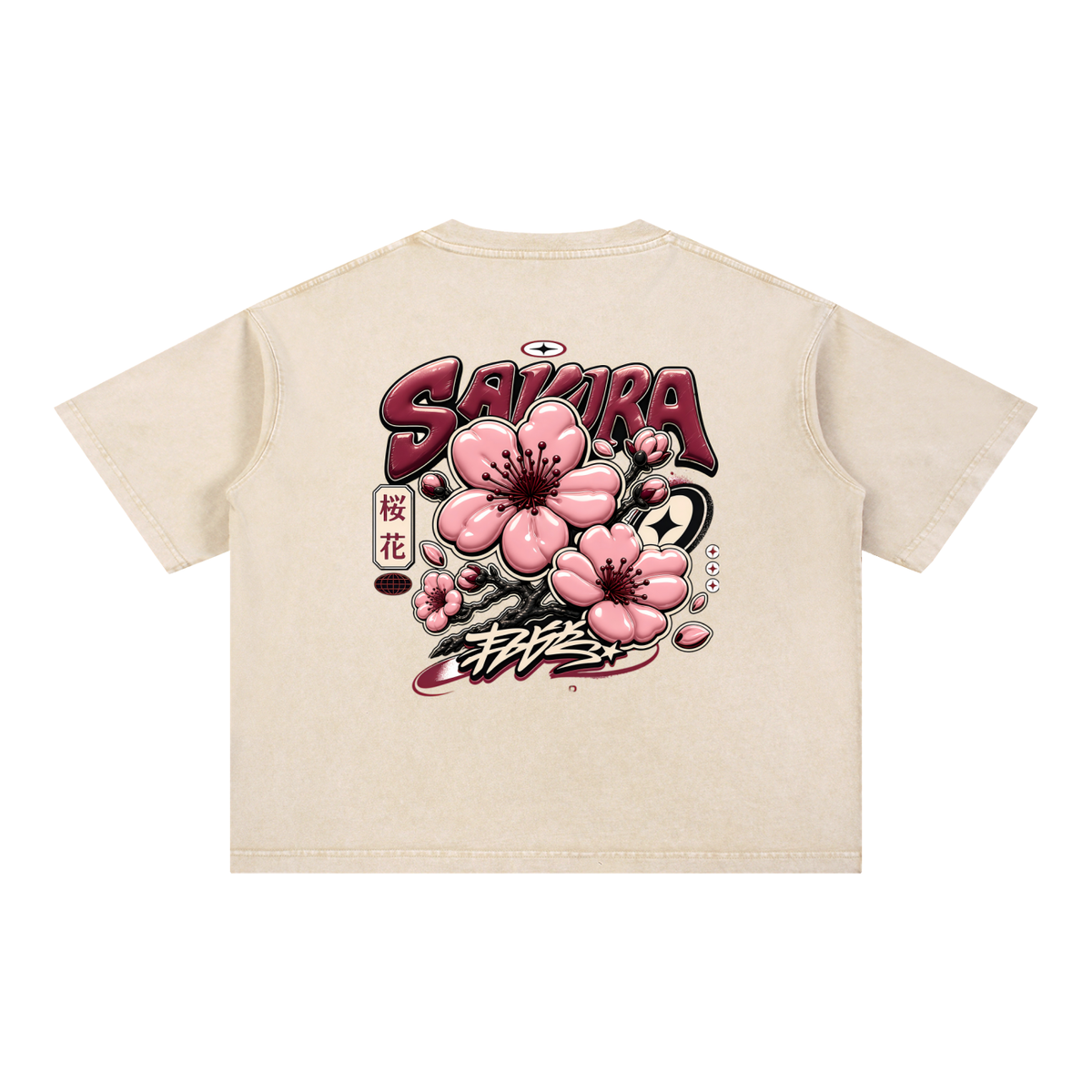 UrbanStar Midnight Sakura Mineral Wash Boxy Cotton T-Shirt