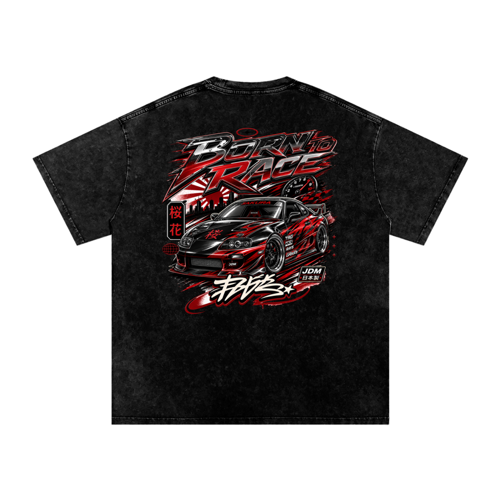 UrbanStar Graphic Born To Race Art Snow Washed Oversized Cotton T-Shirt