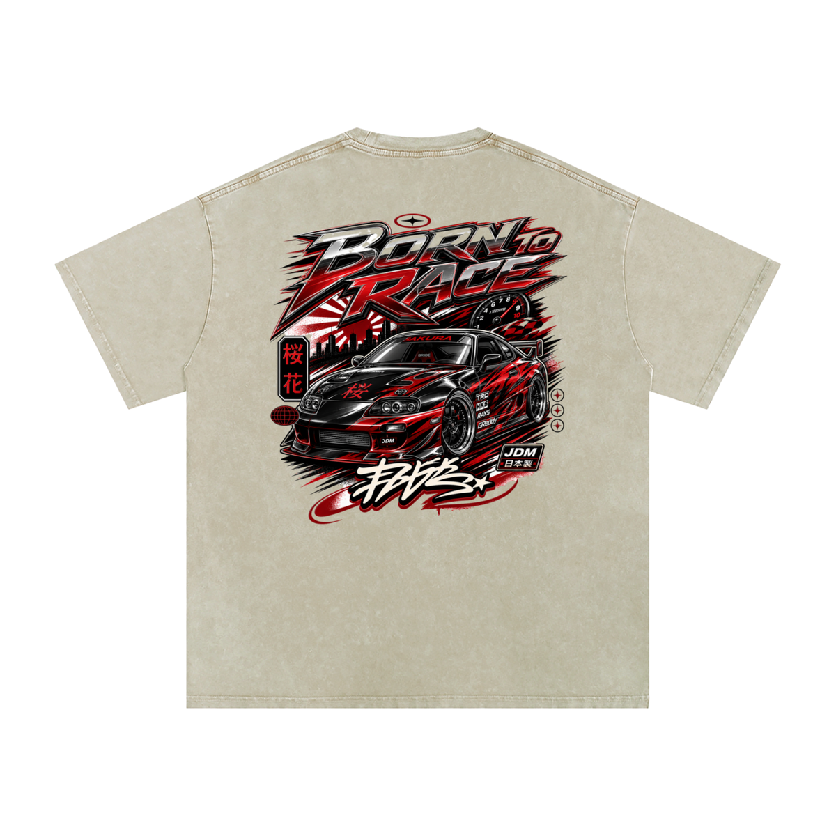 UrbanStar Graphic Born To Race Art Snow Washed Oversized Cotton T-Shirt