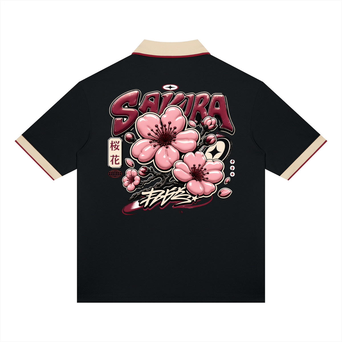 UrbanStar Midnight Sakura Graphic Unisex Color Block Polo Shirt