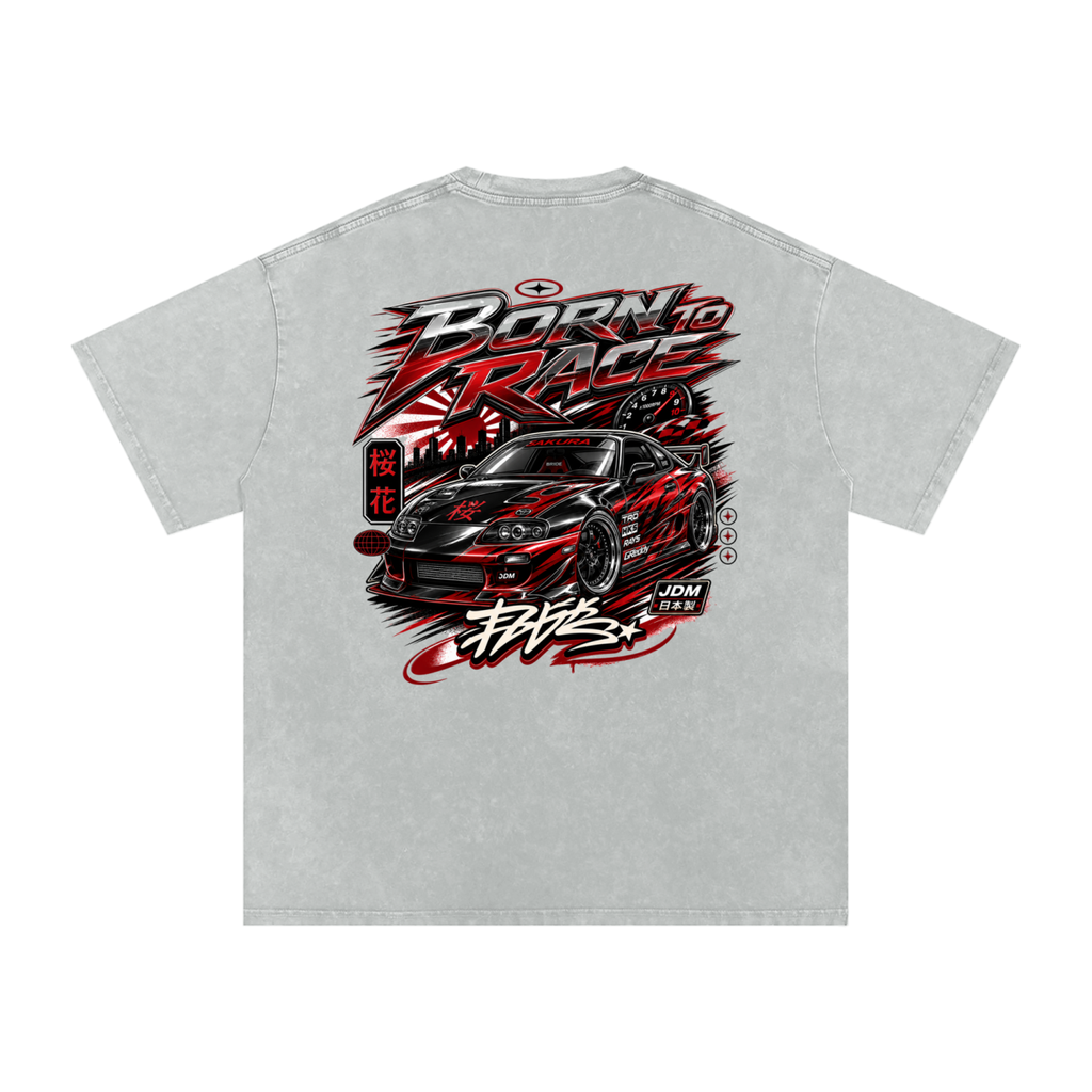 UrbanStar Graphic Born To Race Art Snow Washed Oversized Cotton T-Shirt