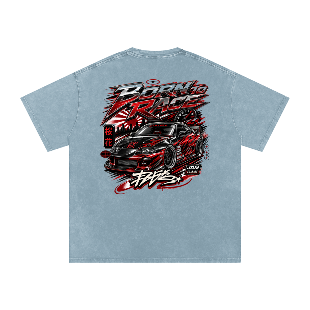 UrbanStar Graphic Born To Race Art Snow Washed Oversized Cotton T-Shirt