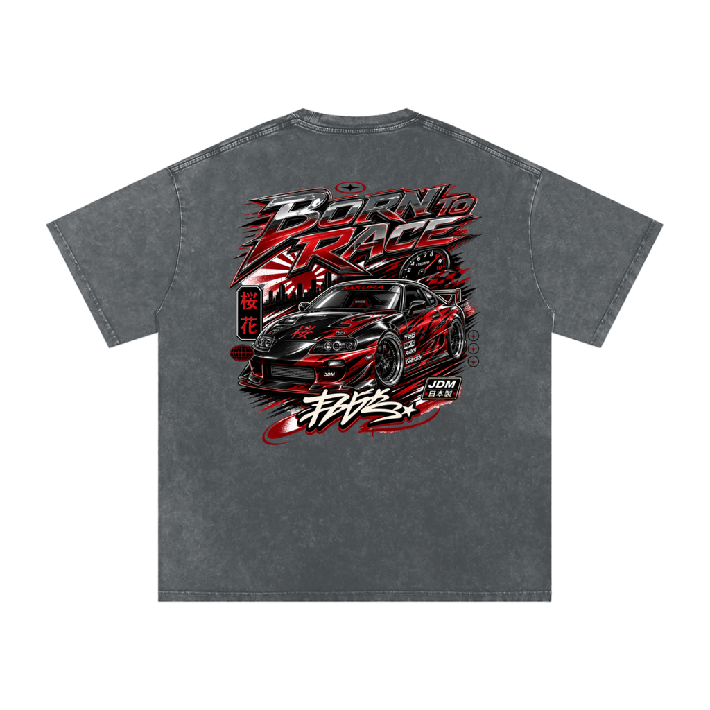 UrbanStar Graphic Born To Race Art Snow Washed Oversized Cotton T-Shirt