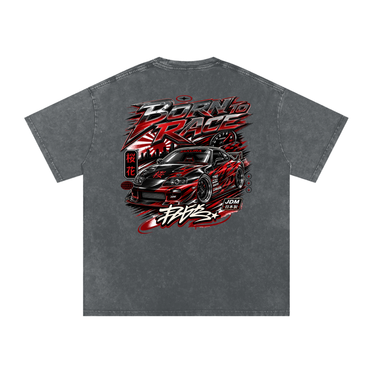 UrbanStar Graphic Born To Race Art Snow Washed Oversized Cotton T-Shirt